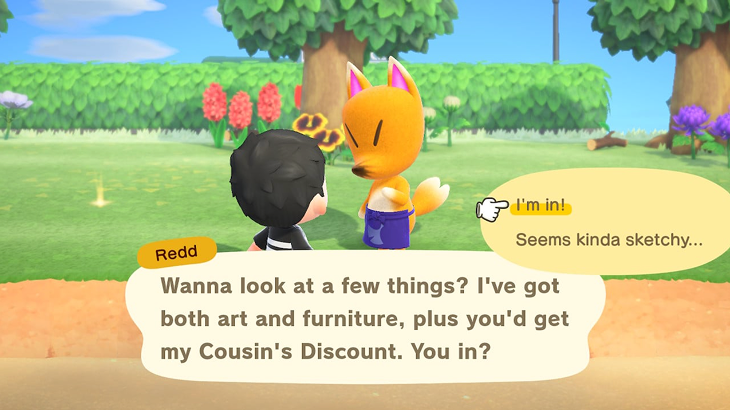 Fox merchant talking to the player on a sunny island path