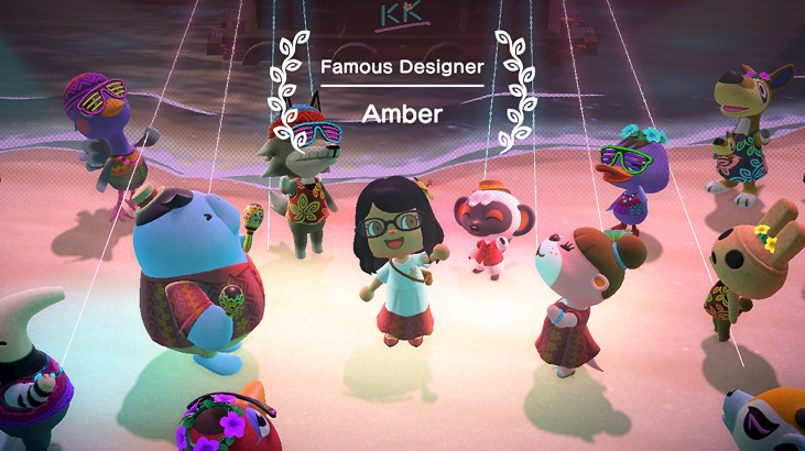 Game screenshot of the player character being celebrated with the title 'Famous Designer'
