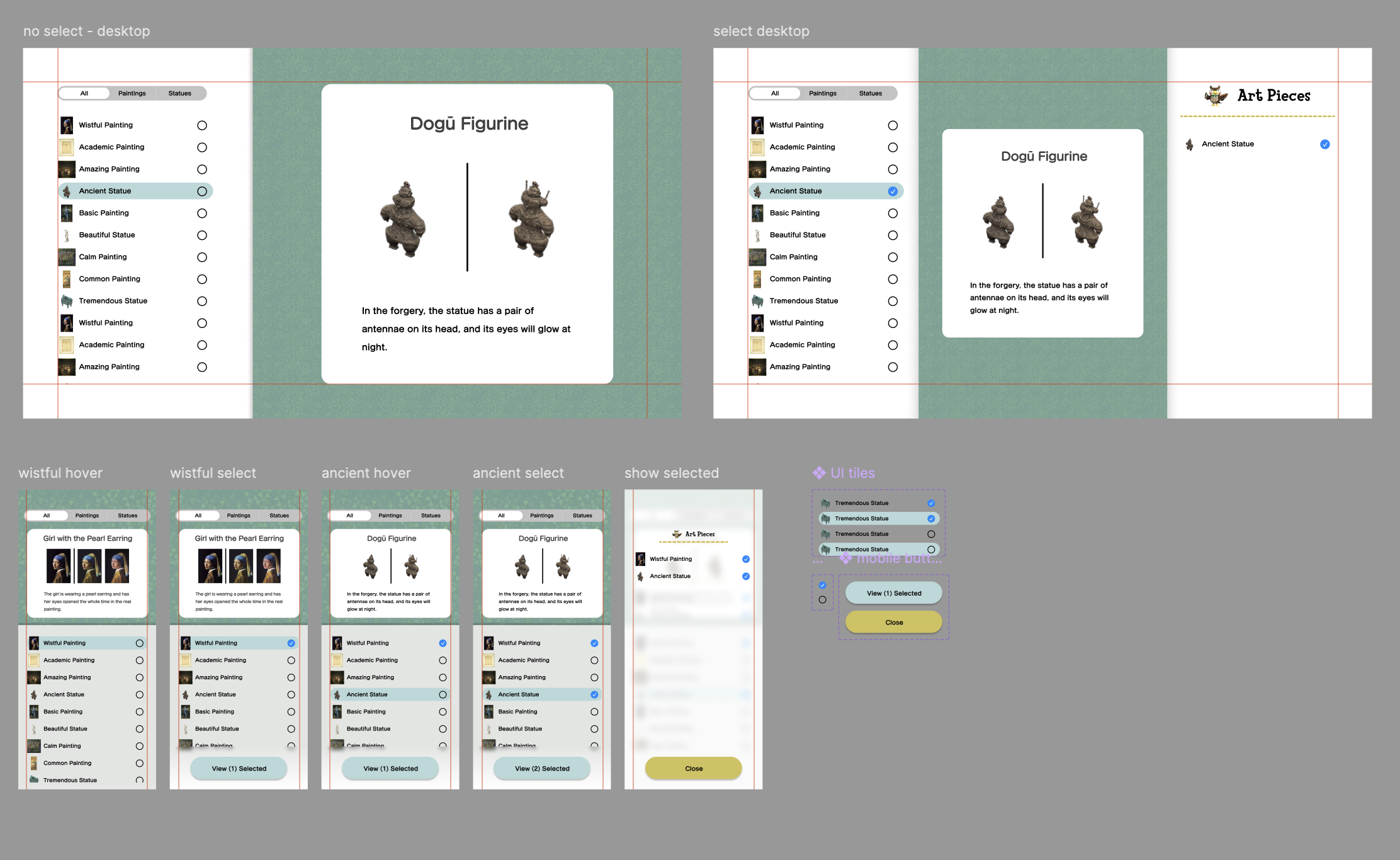 Figma component library of tiles, nav, and buttons