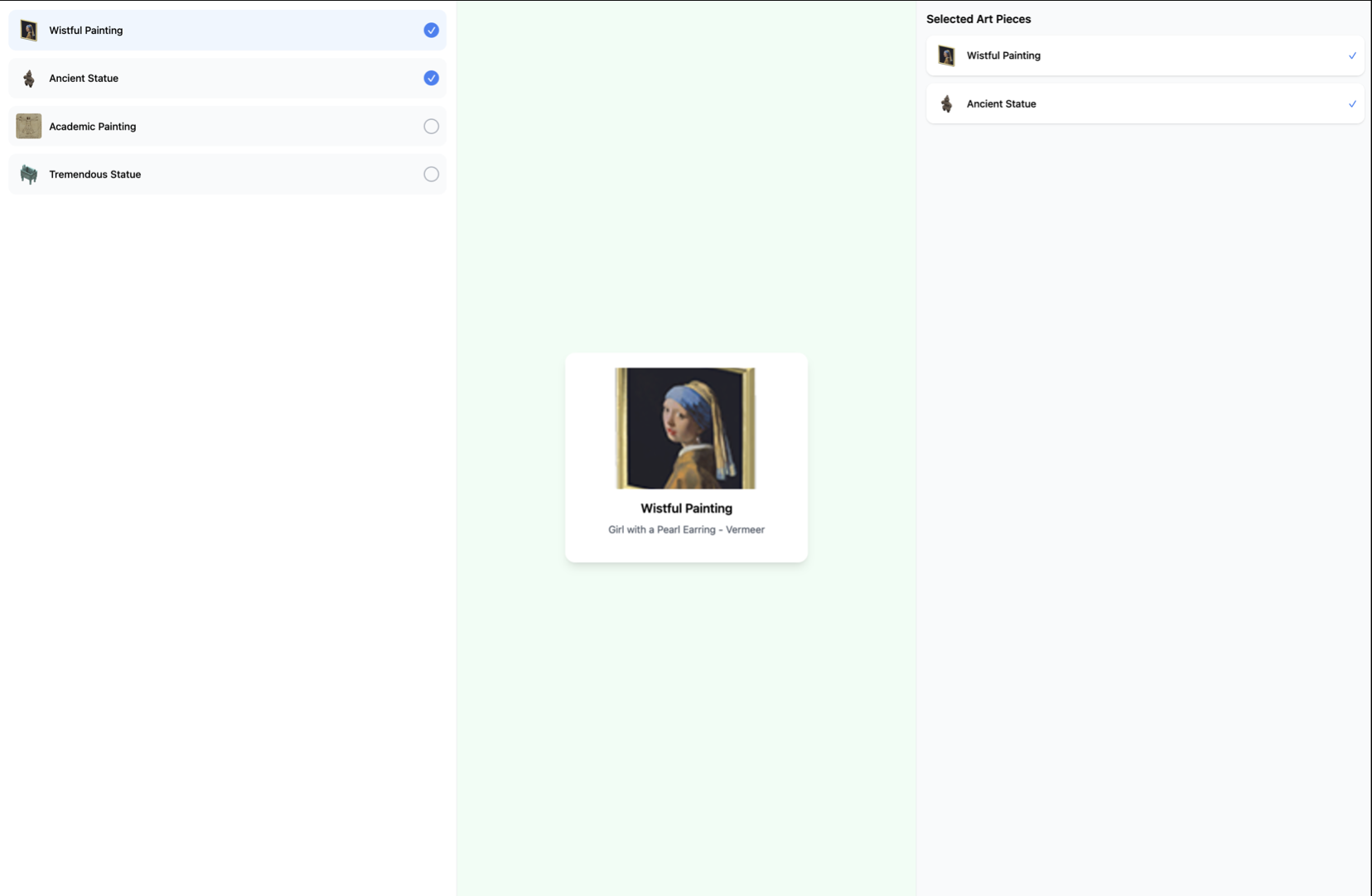 Desktop view with list on the left, detail in the center, selected list on the right