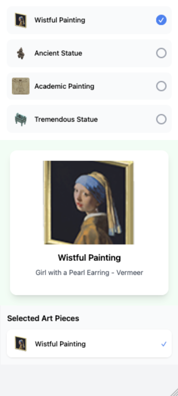Mobile layout showing art list, detail card, and selected items