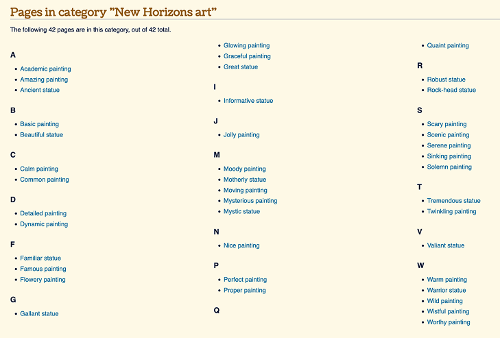 Overview of art pieces available in the game