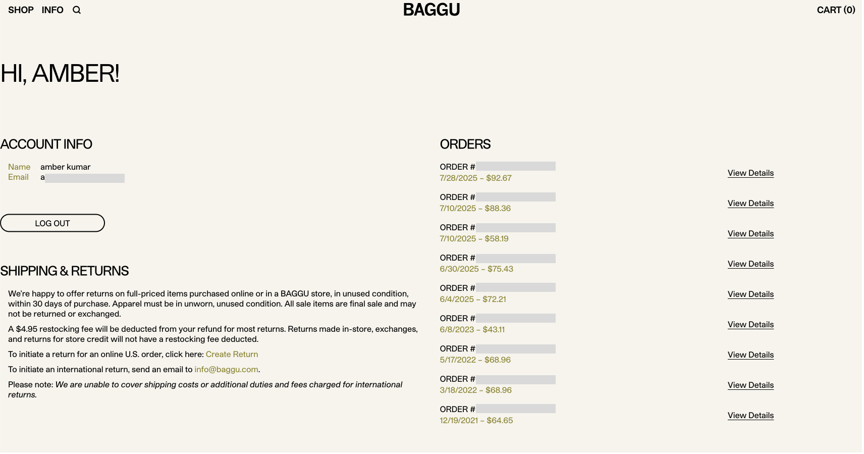 Original Baggu account page