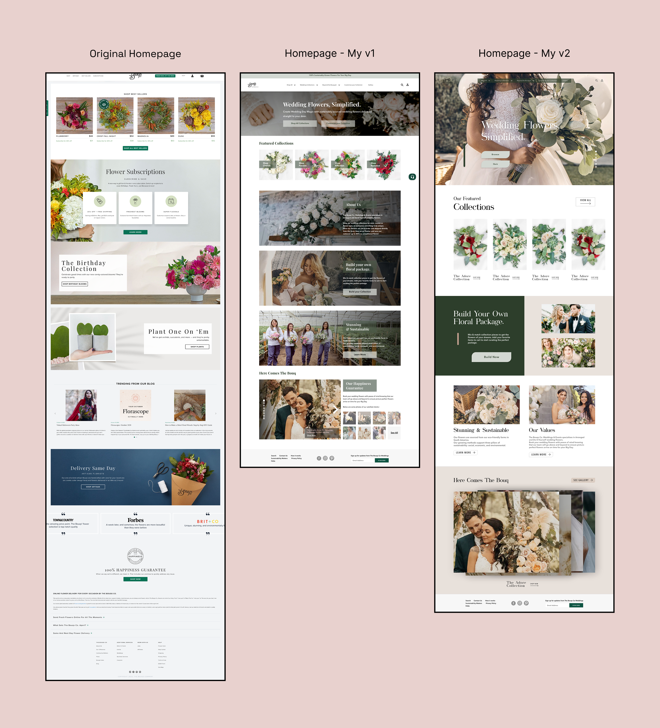 Original, V1, and V2 homepage designs for The Bouqs wedding experience.