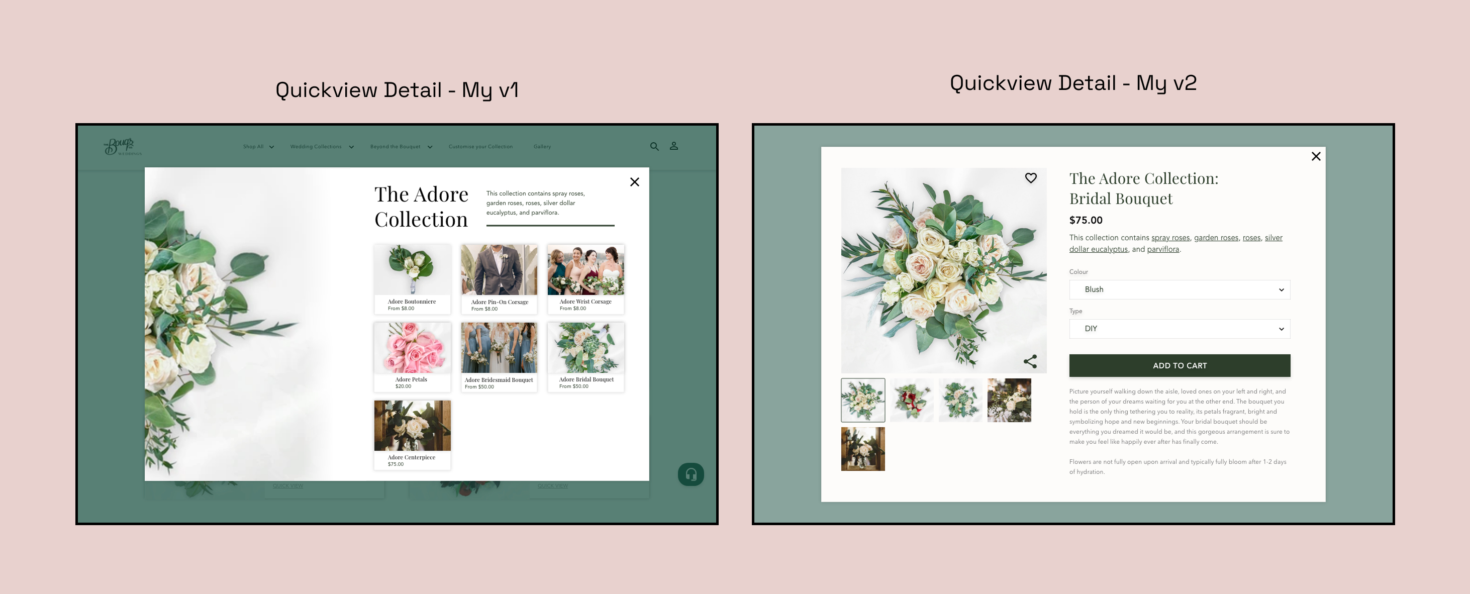 Comparison of V1 and V2 quickview designs for The Bouqs wedding experience.