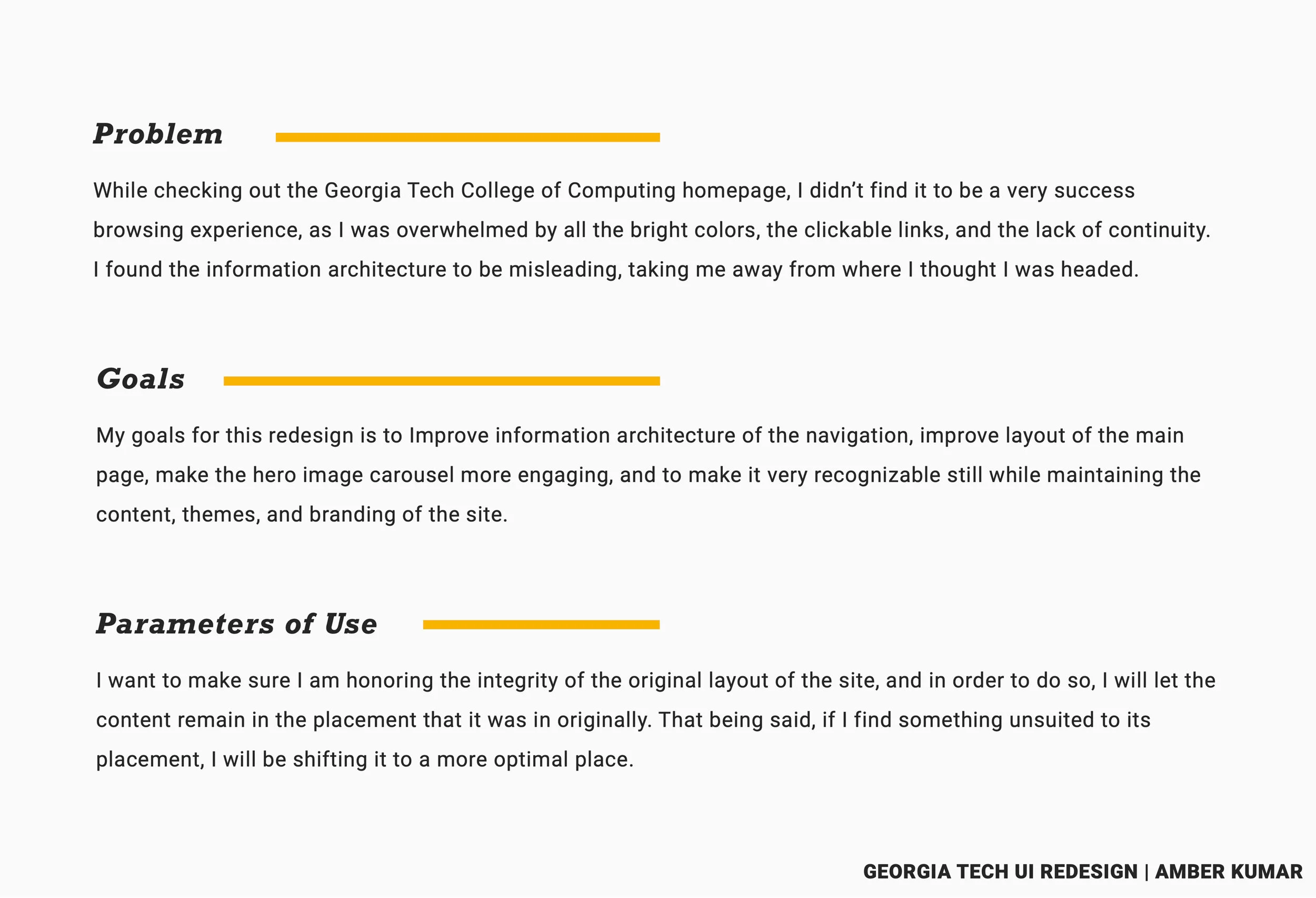Three-section layout titled Problem, Goals, and Parameters of Use describing confusing navigation, overwhelming colors, IA improvements, and optimized content placement for the Georgia Tech UI redesign.