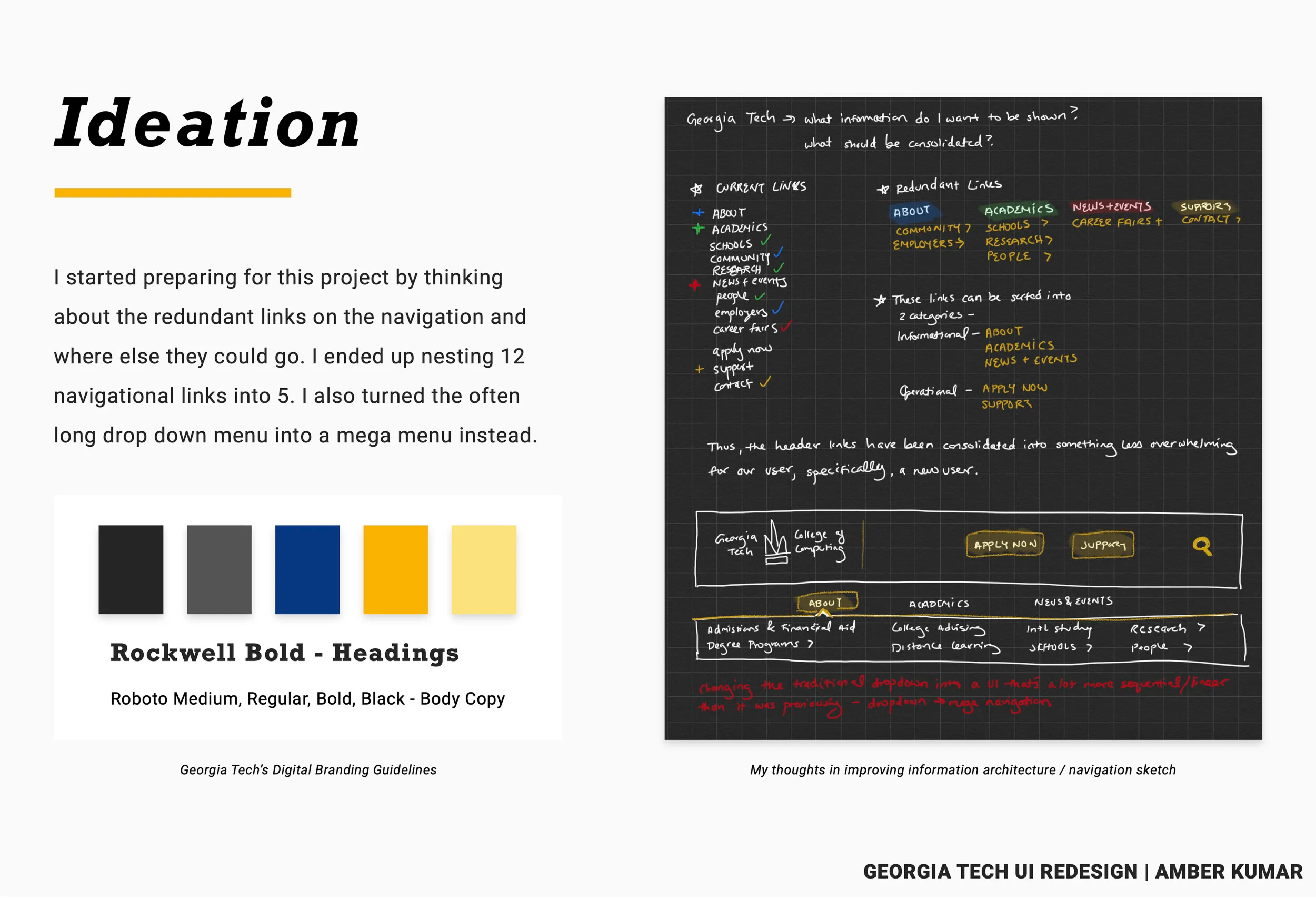 Page titled Ideation showing Georgia Tech brand colors and a navigation sketch with text about consolidating redundant links, converting dropdowns into a mega menu, and mapping old vs new IA.