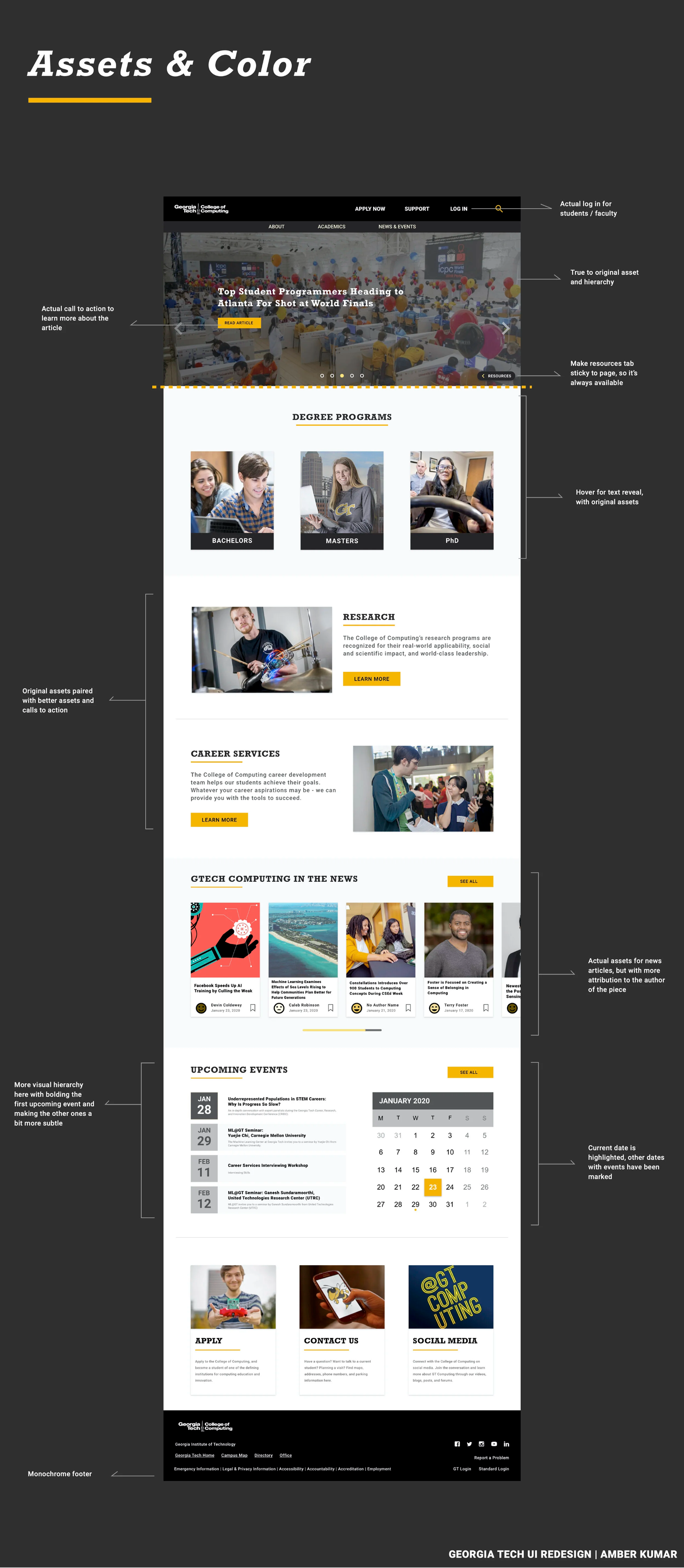 Visual mockup of the redesigned Georgia Tech homepage showing updated hero carousel, reorganized degree tiles, refreshed research/career services, improved news layout, chronological events, and monochrome footer.