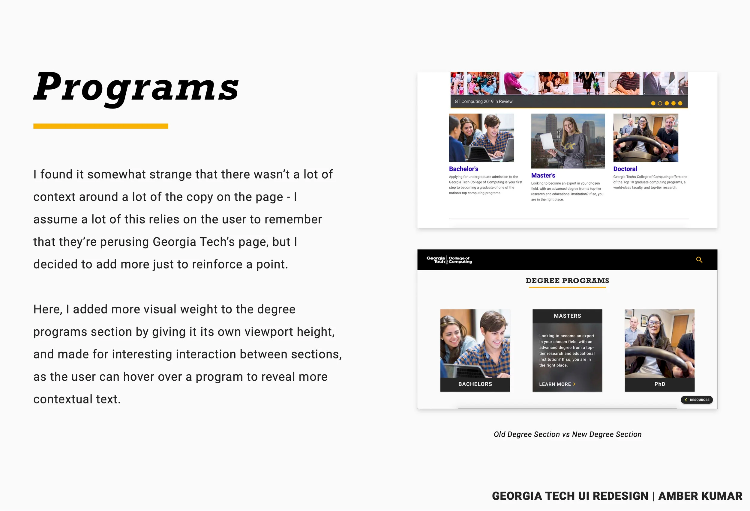 Comparison of old degree programs section with short cards versus redesigned larger cards with stronger hierarchy, hover interactions, and contextual info.