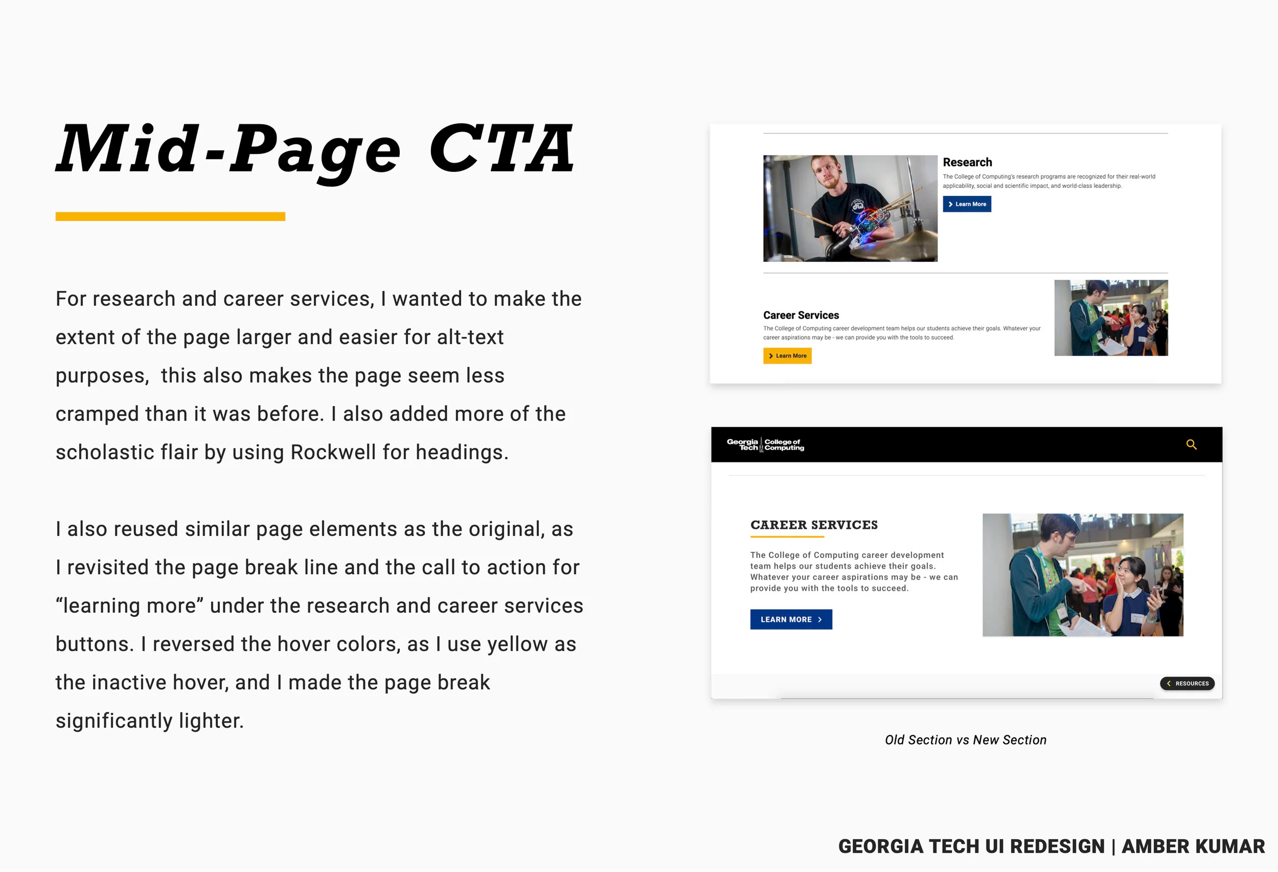 Side-by-side comparison of old and new Research and Career Services sections highlighting larger imagery, Rockwell headings, improved spacing, new hover states, and reorganized CTAs in the redesign.