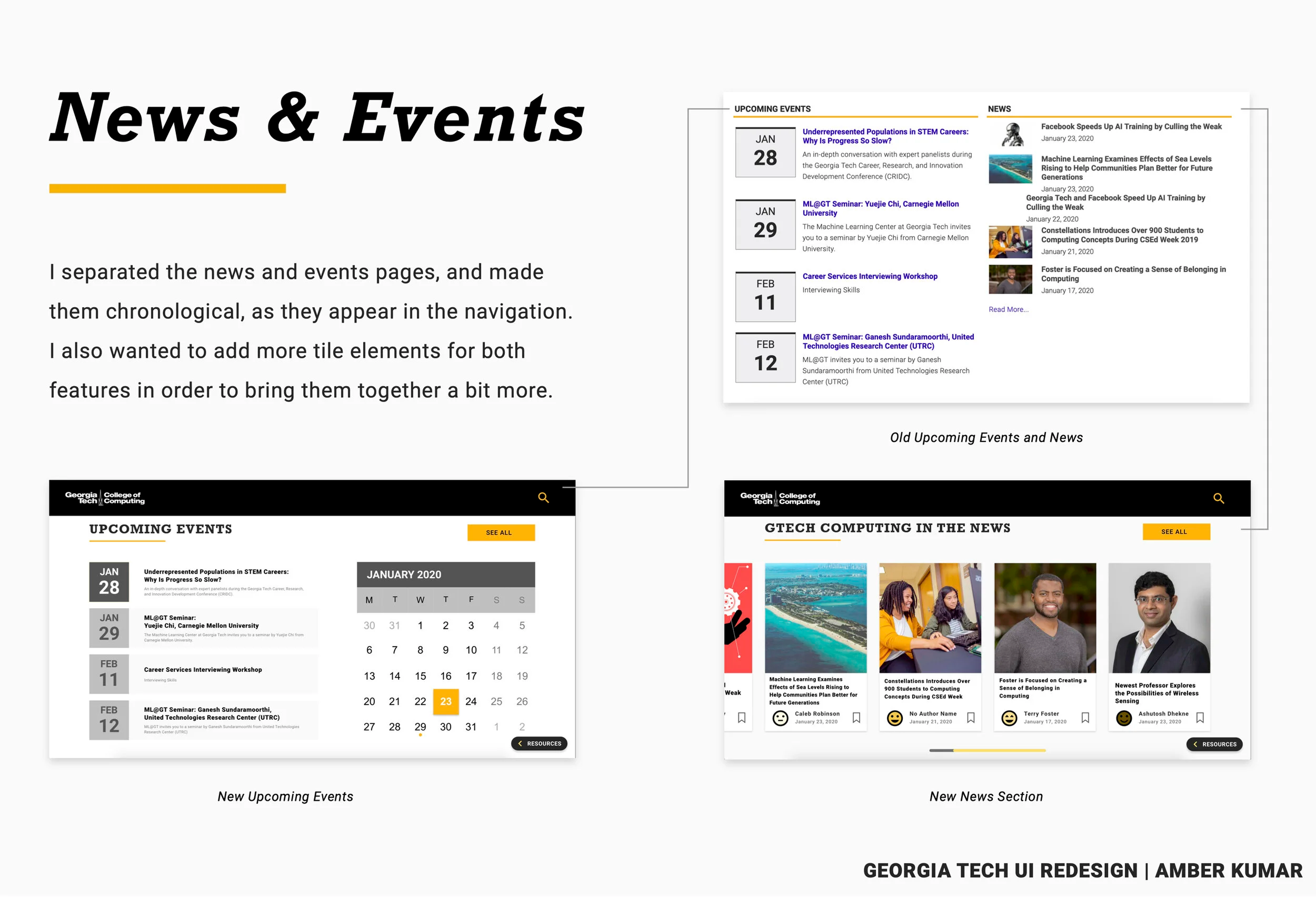 Comparison of old combined News and Events list versus redesigned layout separating Upcoming Events with a calendar view and News as horizontal tiles with author attribution.