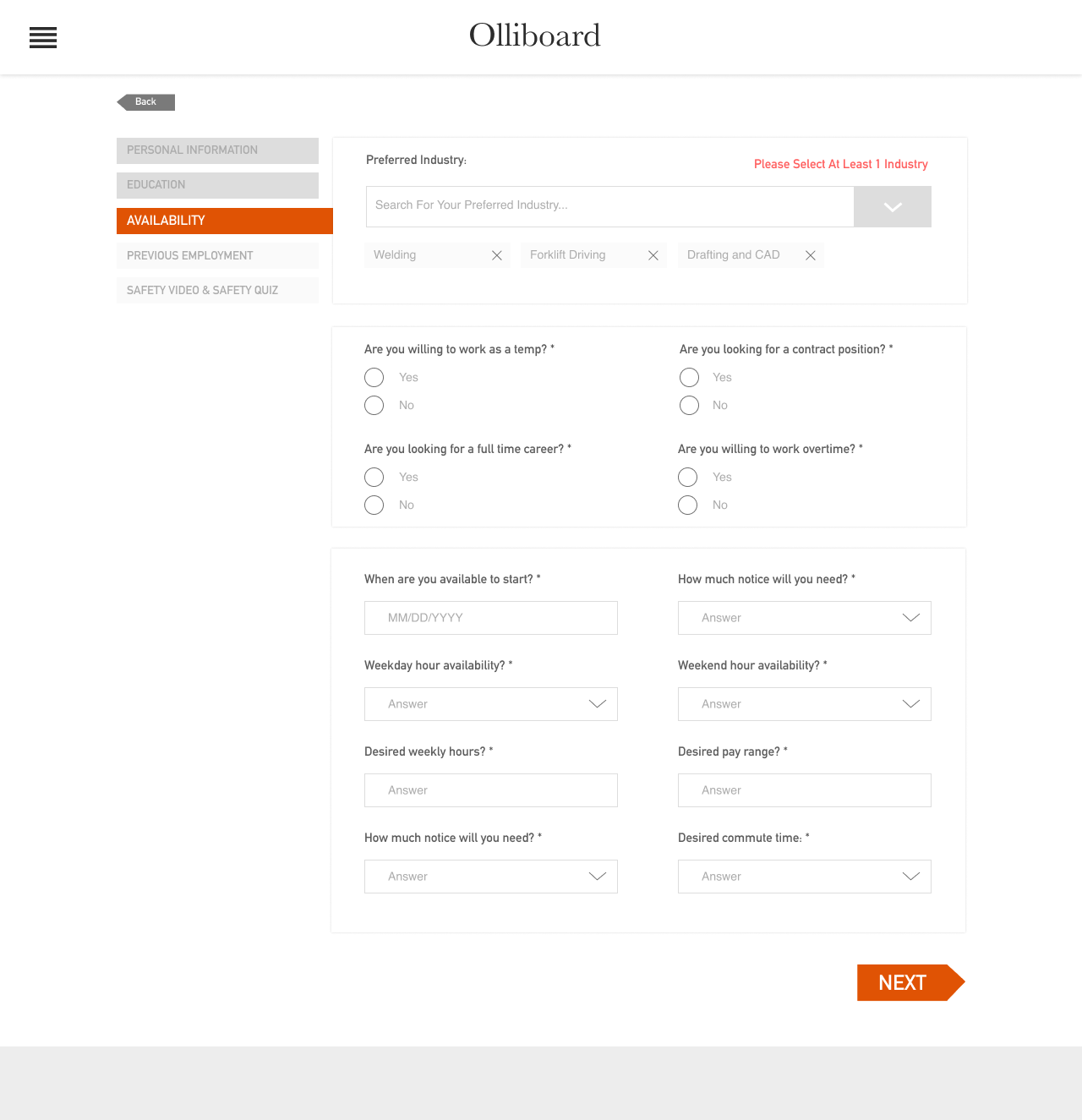 Availability step with industry, schedule, and hours questions