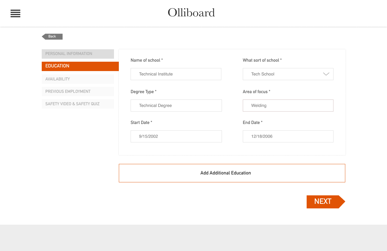 Education step capturing school, degree, and dates