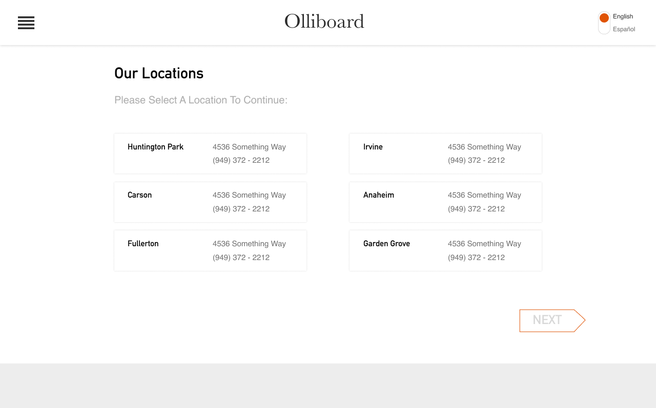 Location selection screen listing available branches