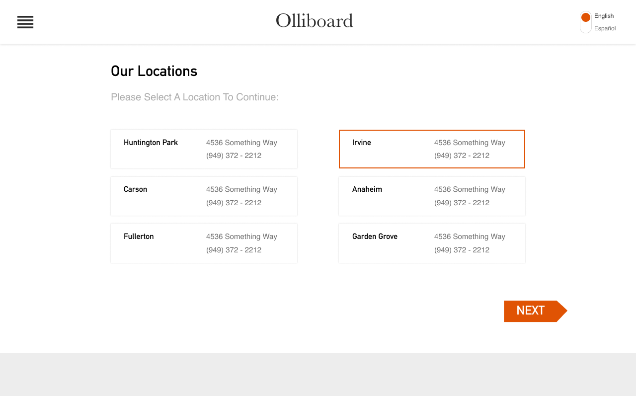 Location selection screen with a branch highlighted