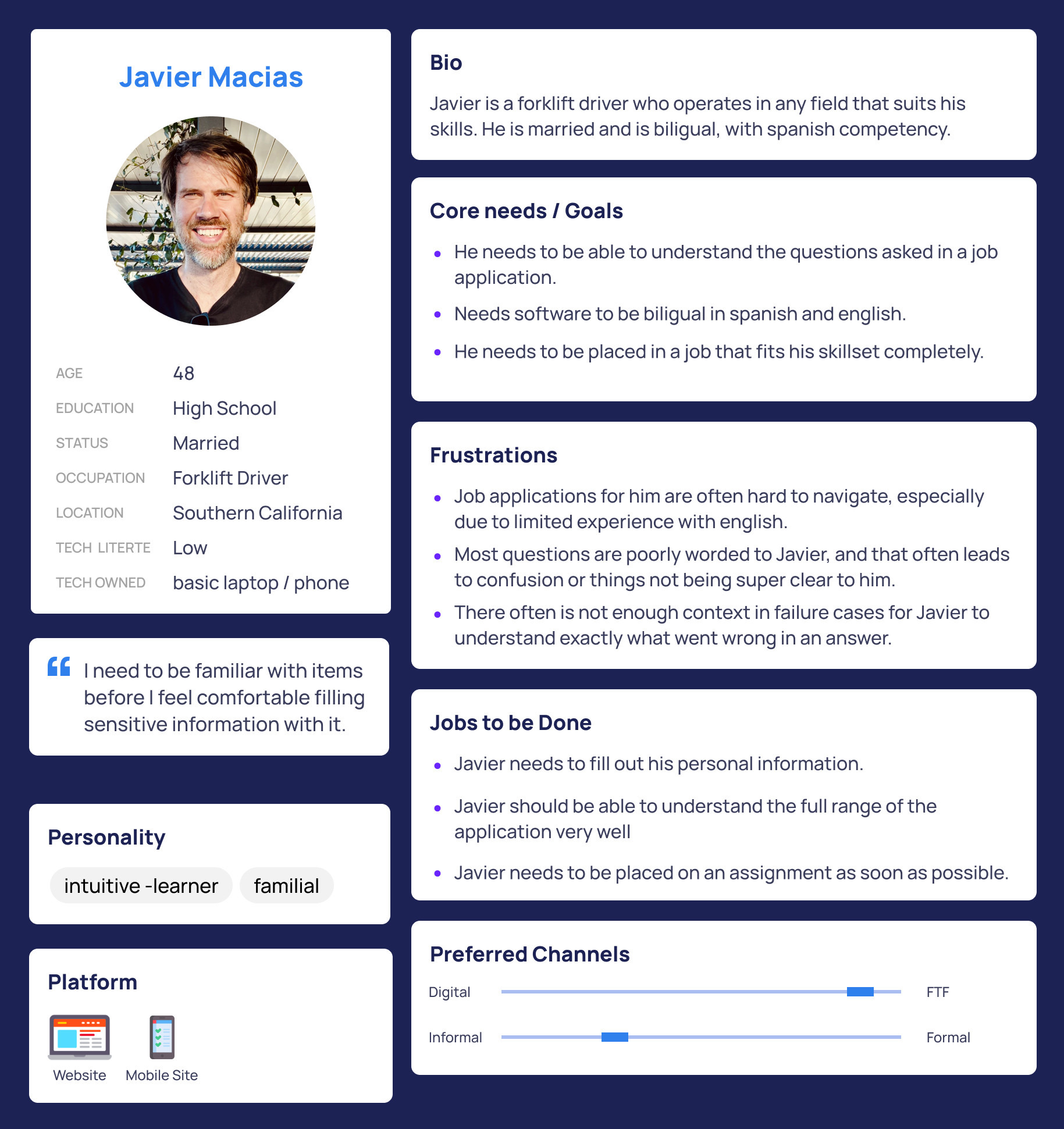 Persona card for Javier, bilingual forklift driver