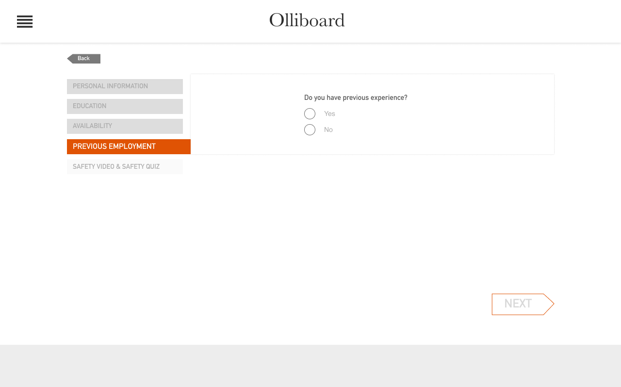 Previous experience step asking if the candidate has prior work history