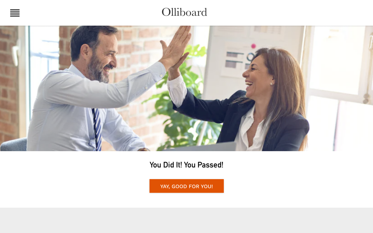 Success screen with celebratory message for passing the safety quiz