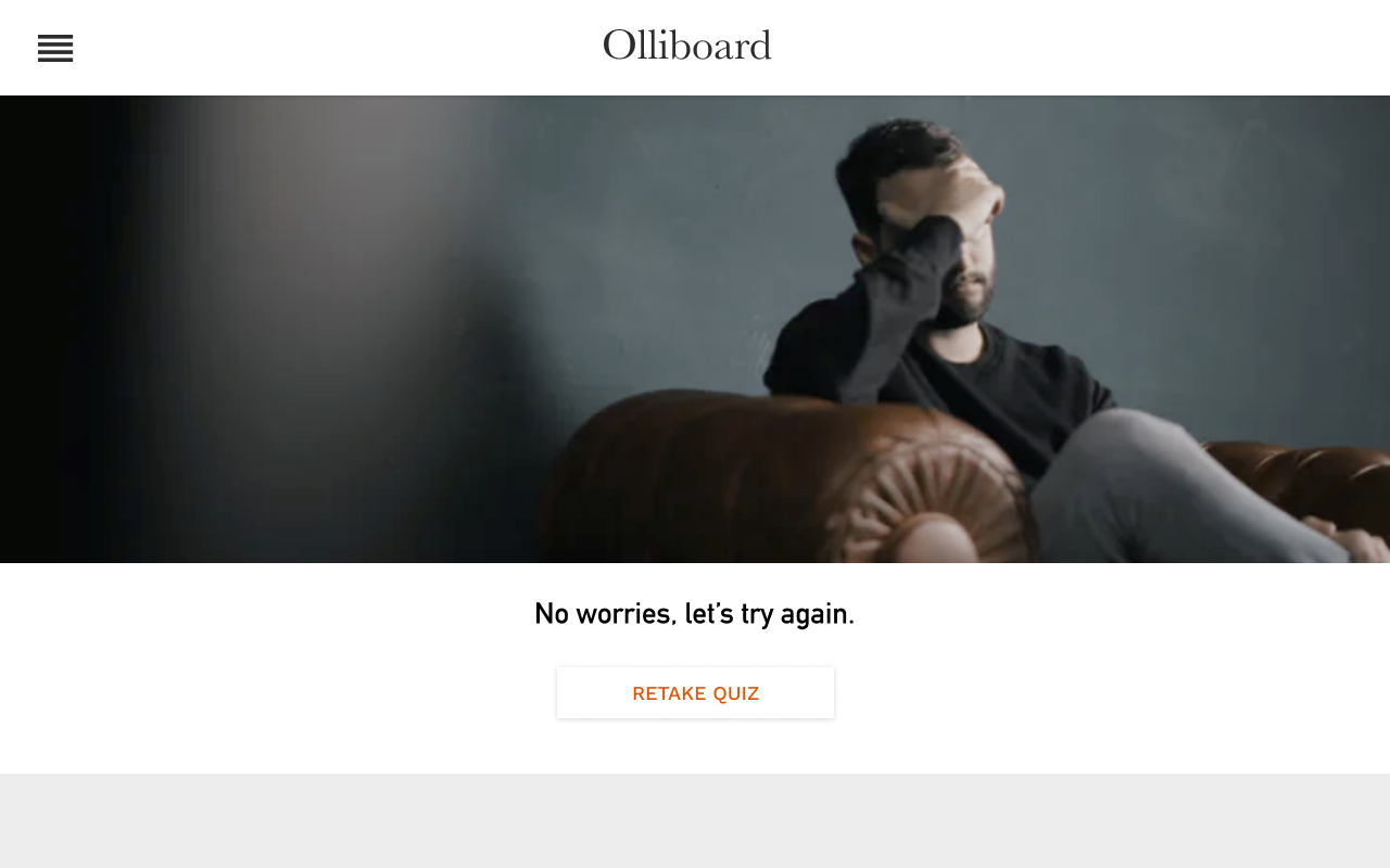 Retry screen with gentle language encouraging candidates to retake the quiz