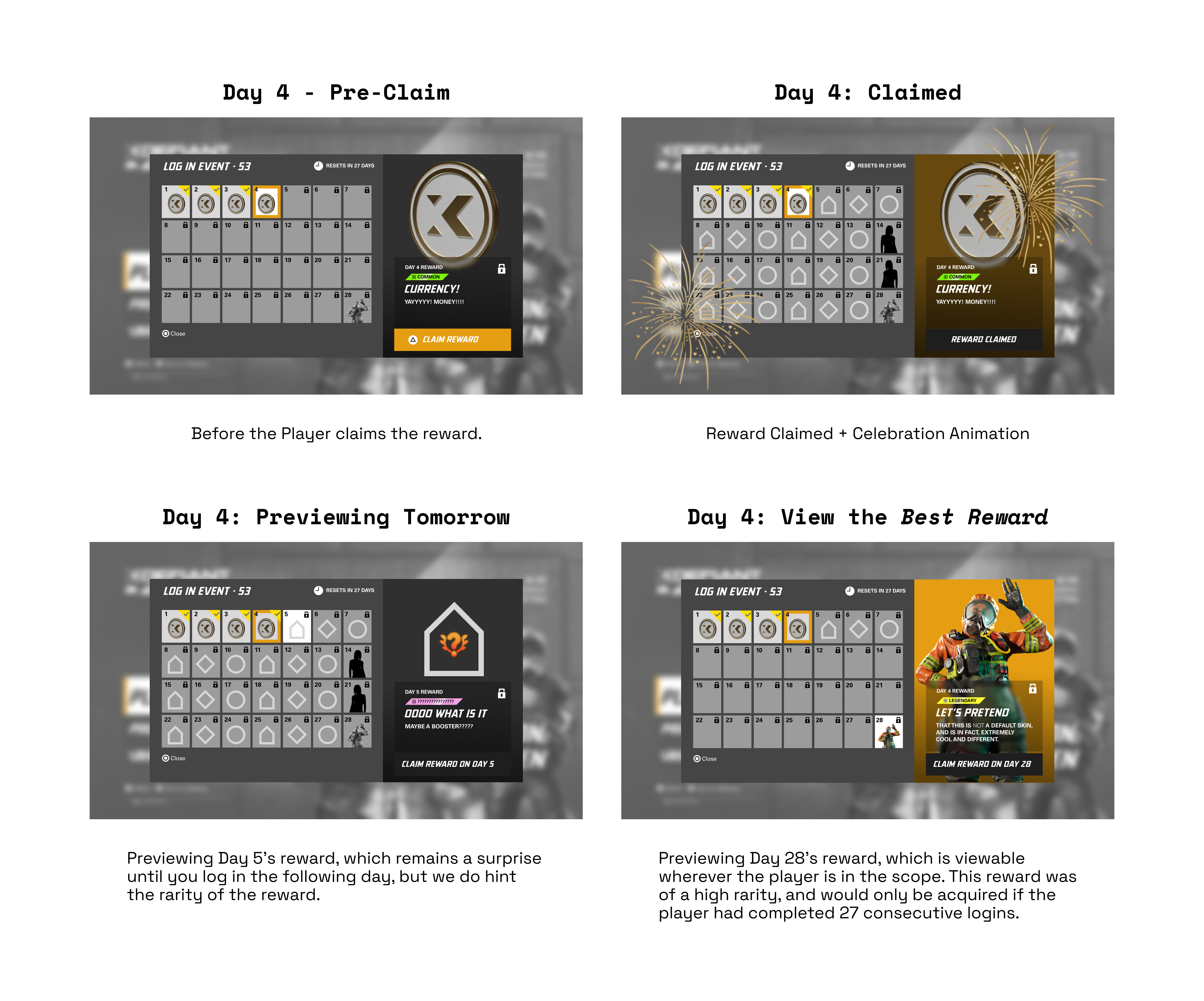 calendar-style daily login layout for a full month