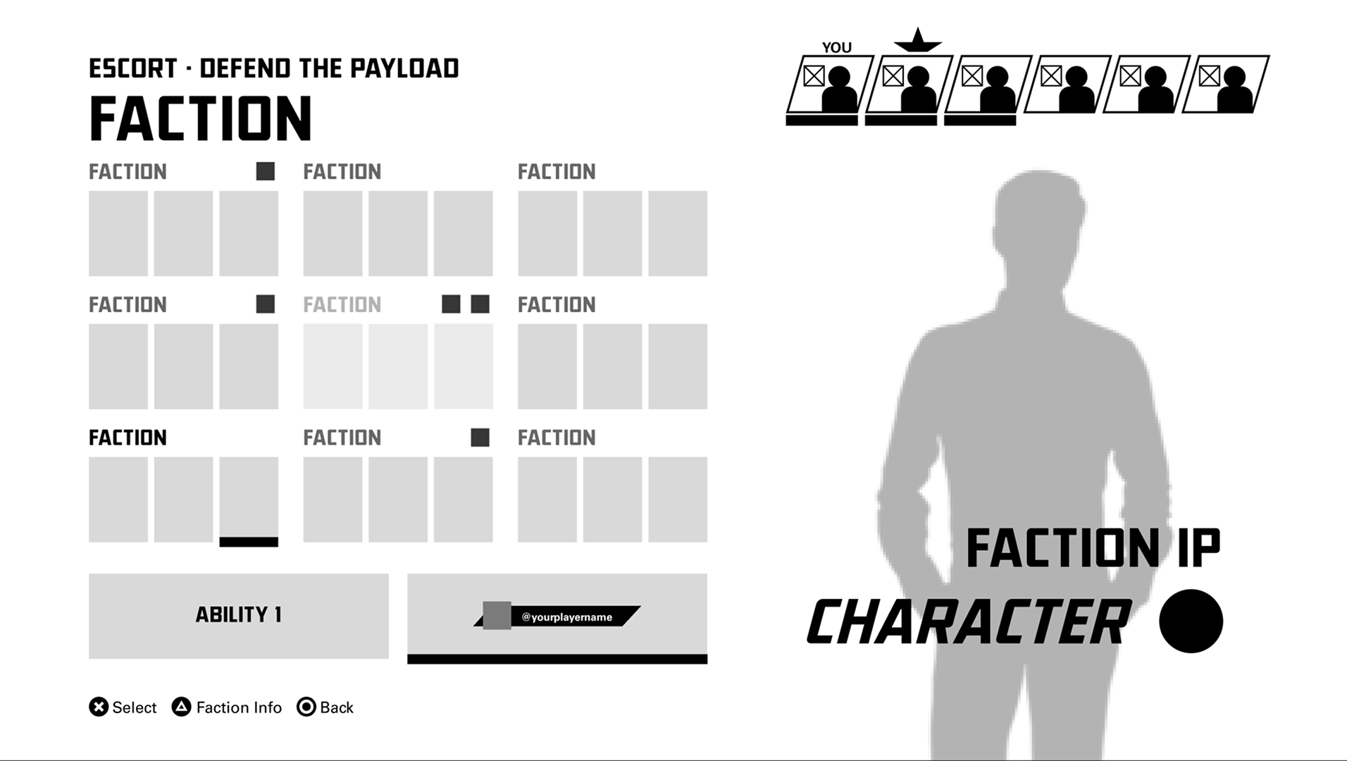 Late ability selection state showing locked factions and abilities