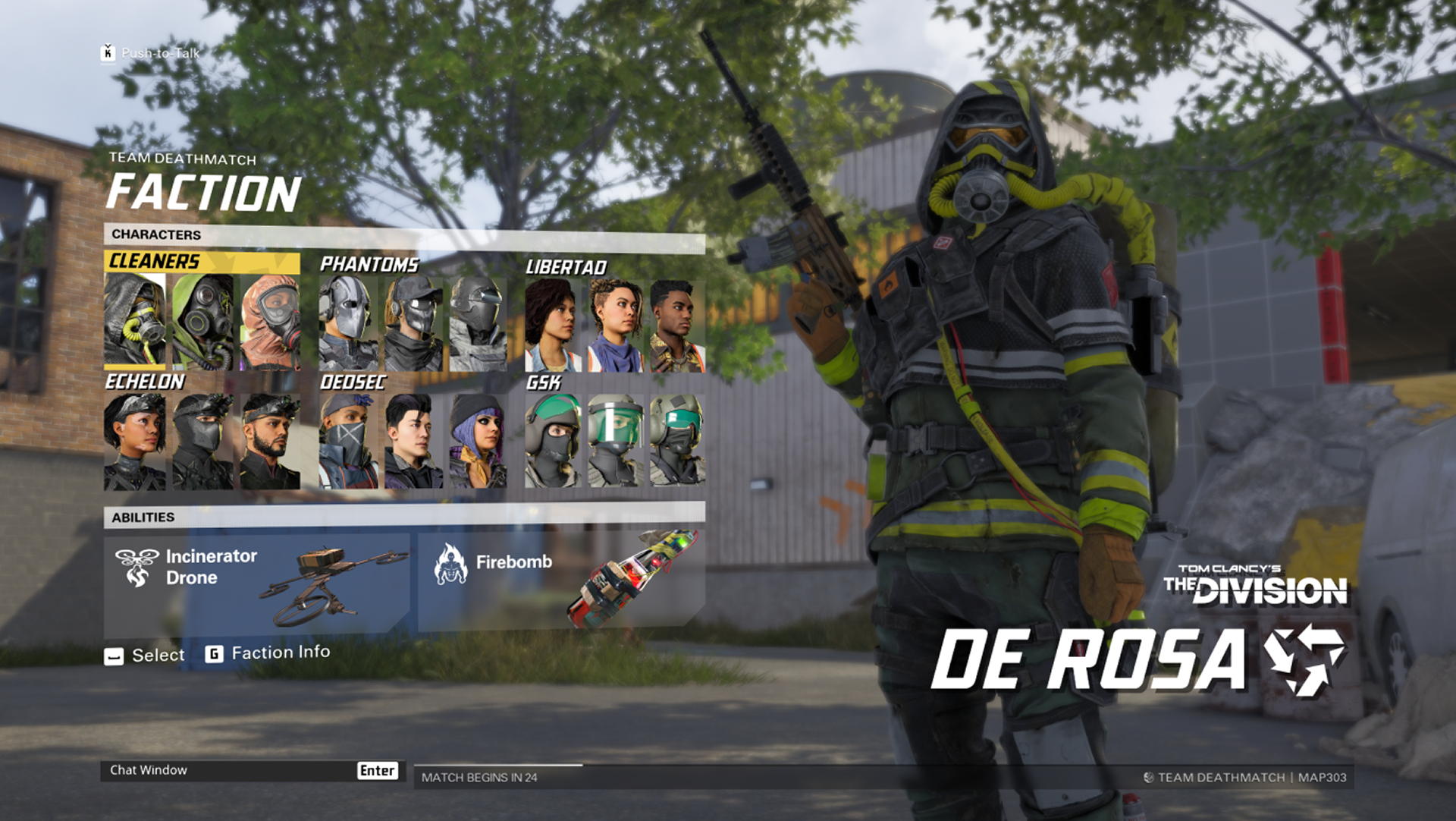 Final shipped XDefiant faction selection UI with De Rosa